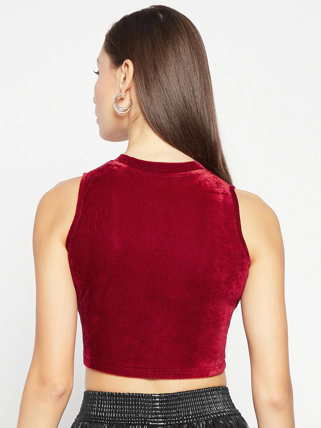 Stretchable Velvet High Neck Crop Top