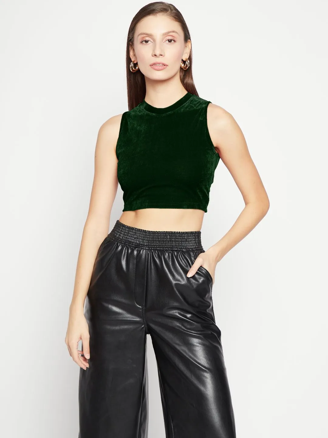 Stretchable Velvet High Neck Crop Top