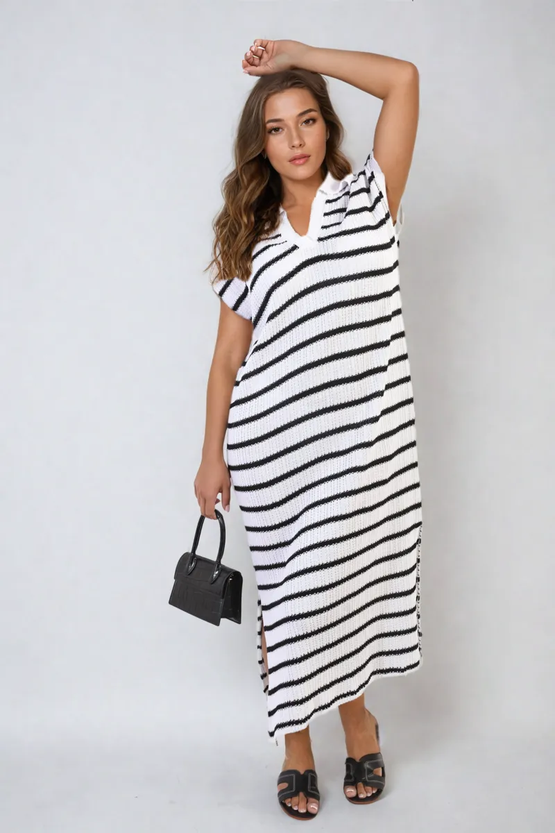 Stripe V Neck Midi Dress