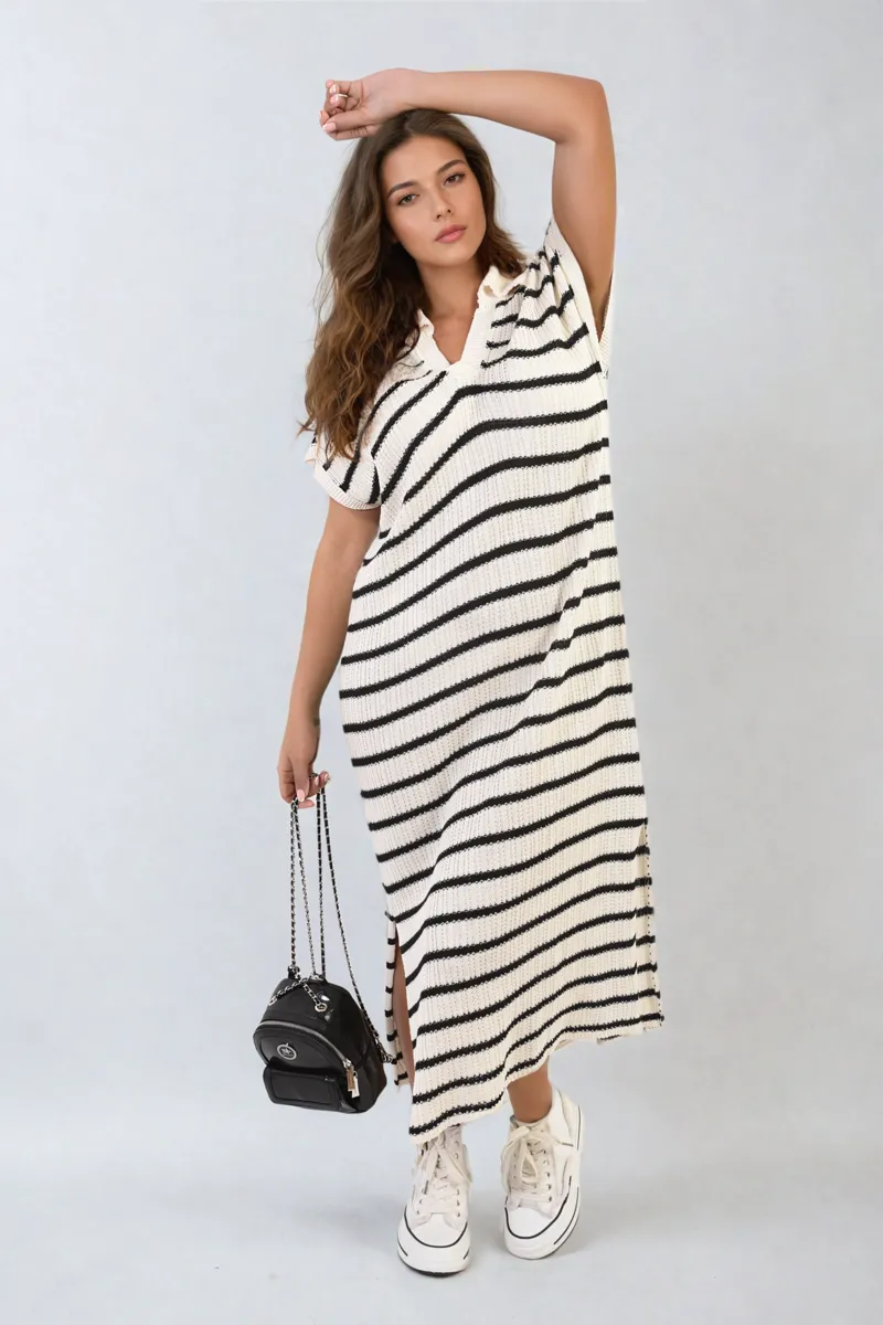 Stripe V Neck Midi Dress