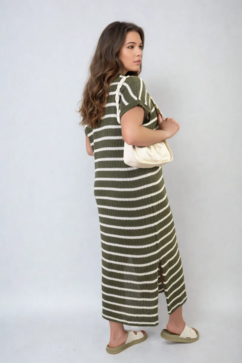 Stripe V Neck Midi Dress