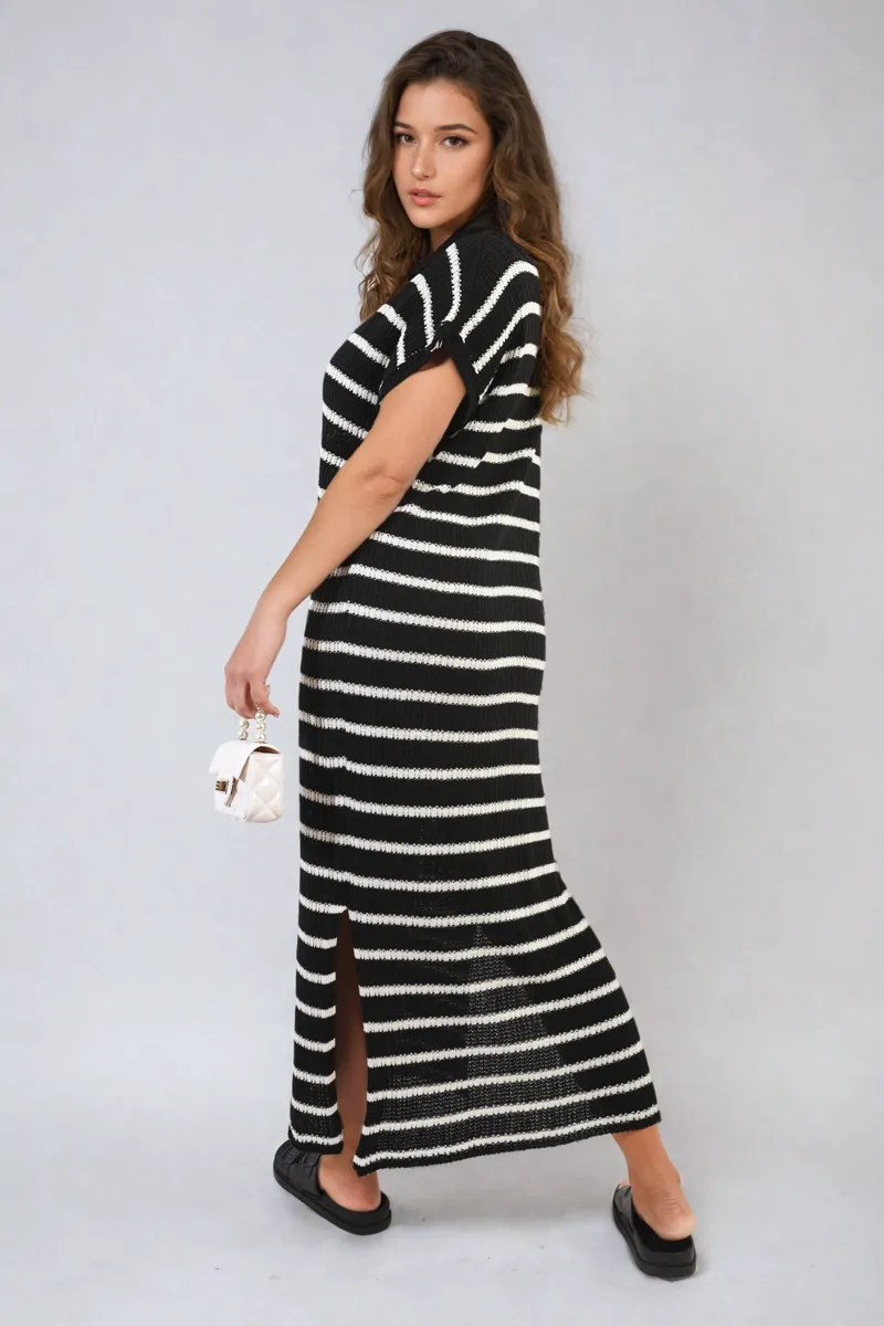 Stripe V Neck Midi Dress