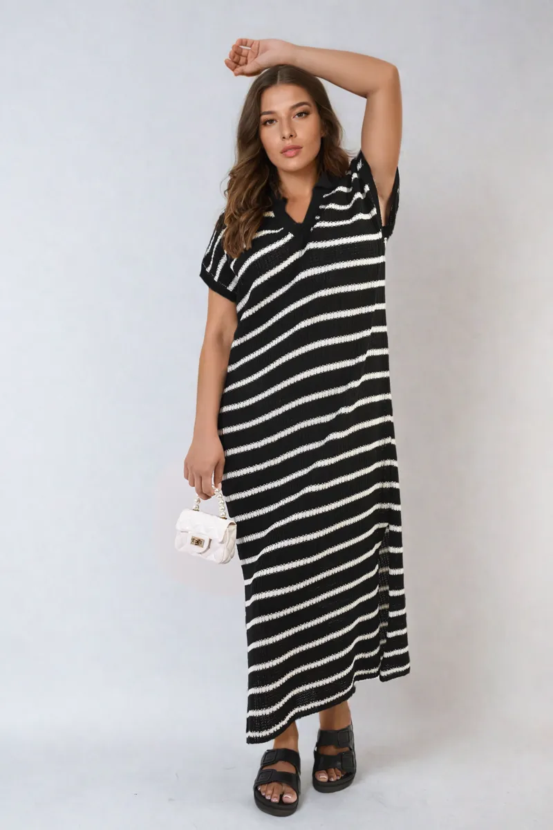 Stripe V Neck Midi Dress