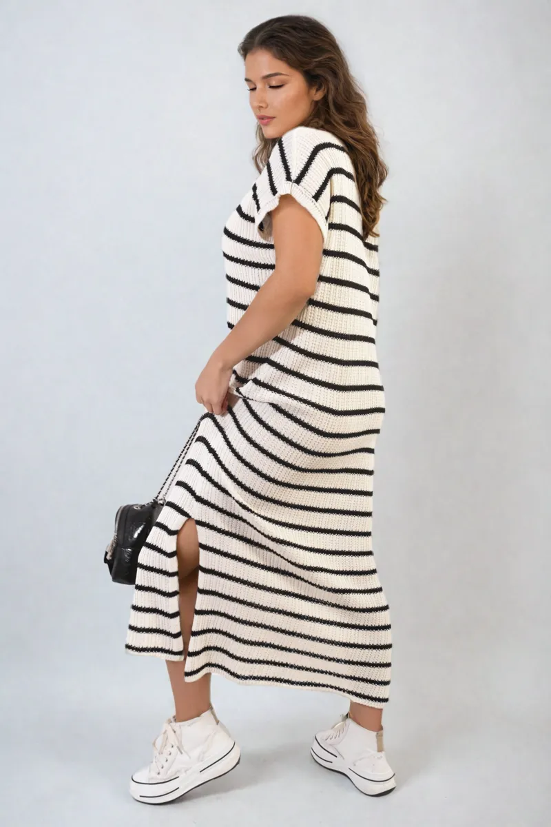 Stripe V Neck Midi Dress