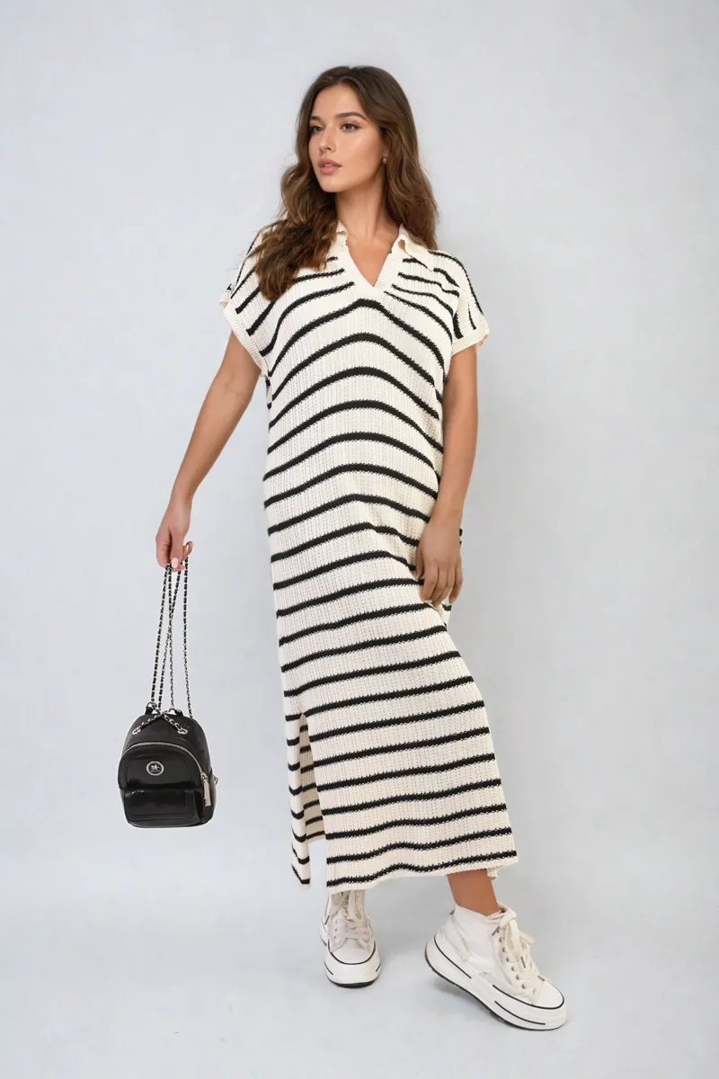 Stripe V Neck Midi Dress