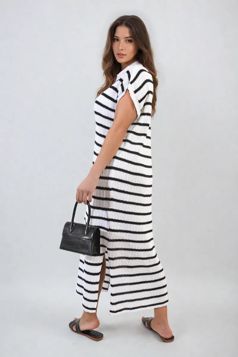 Stripe V Neck Midi Dress