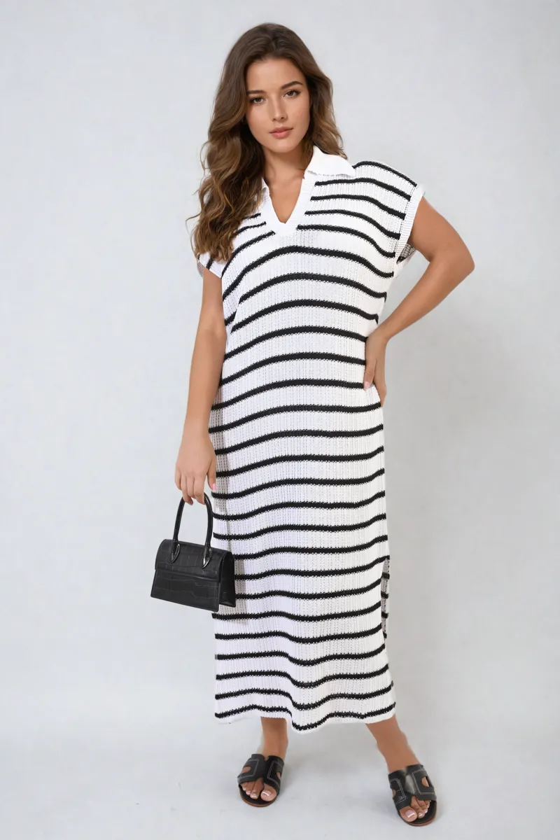 Stripe V Neck Midi Dress