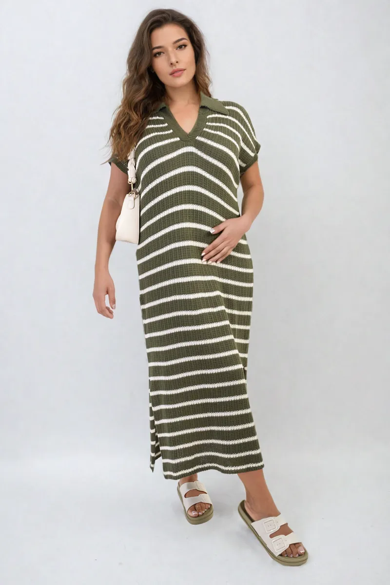 Stripe V Neck Midi Dress