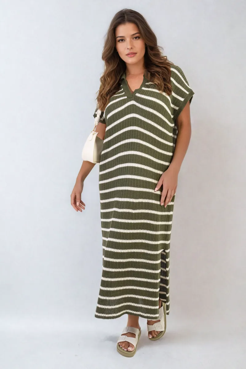 Stripe V Neck Midi Dress