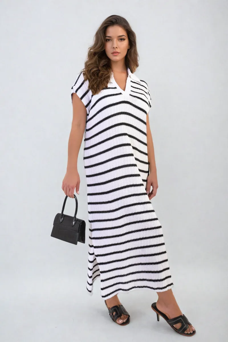 Stripe V Neck Midi Dress