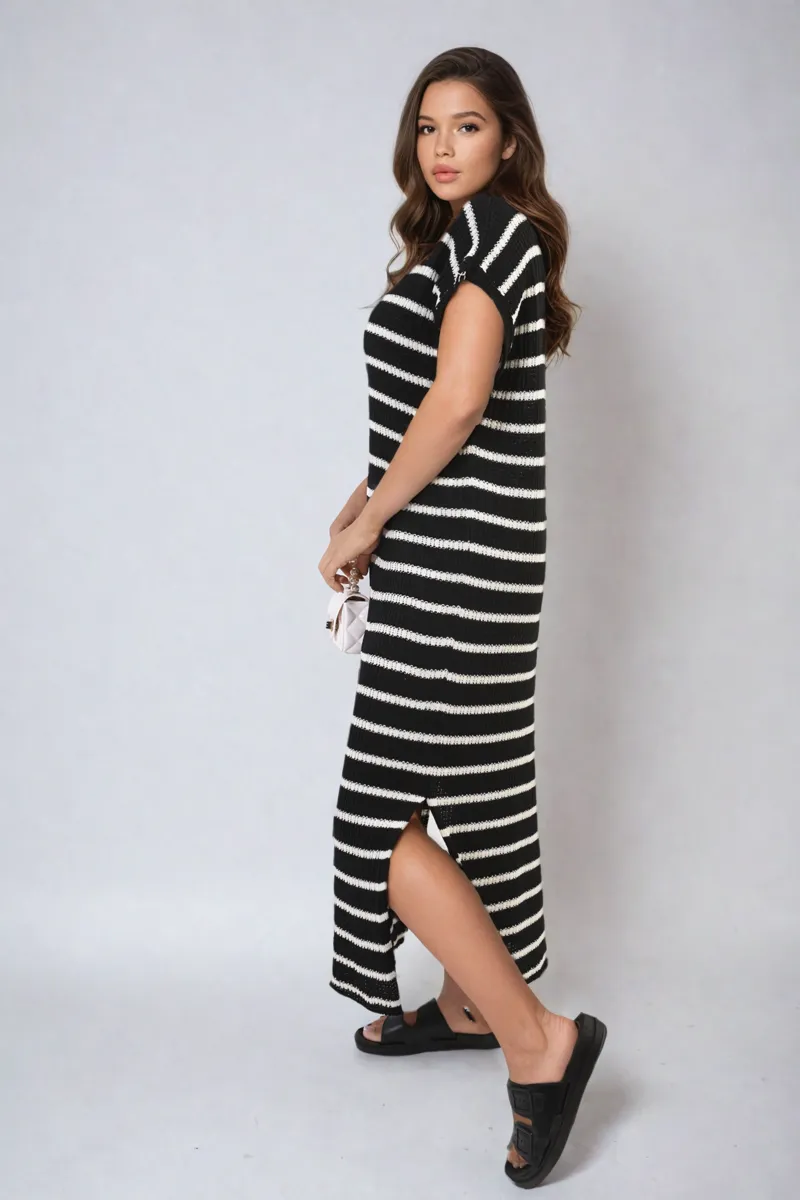 Stripe V Neck Midi Dress