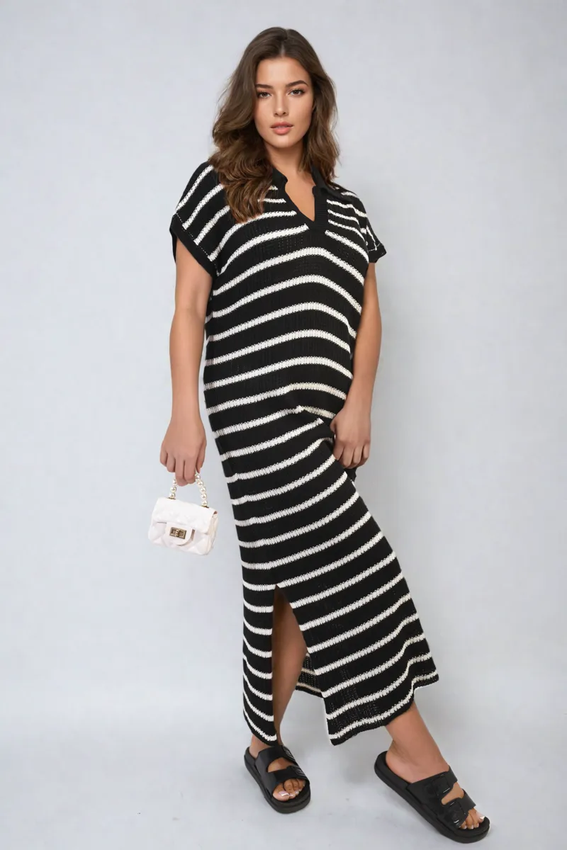 Stripe V Neck Midi Dress