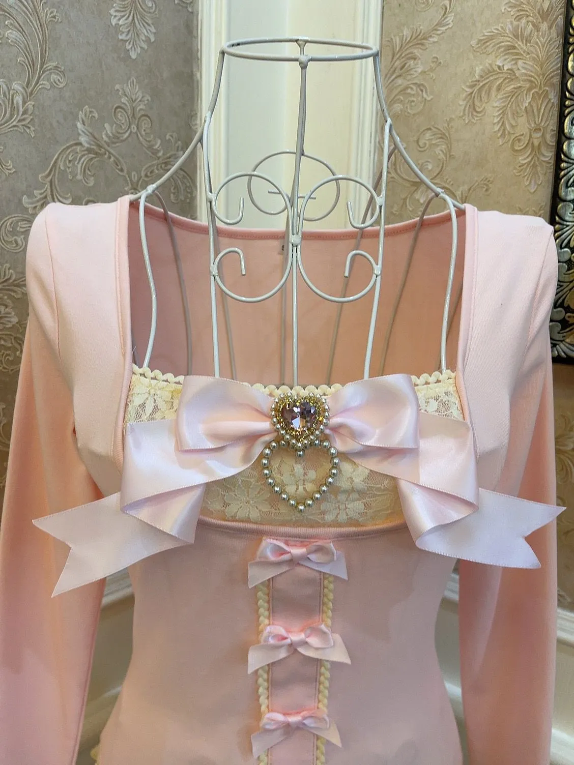 Sweetheart Princess Balletcore Pink Bow Lace Shirt Top & Skirt Two Piece Set