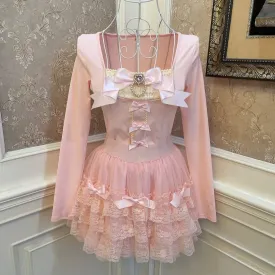 Sweetheart Princess Balletcore Pink Bow Lace Shirt Top & Skirt Two Piece Set