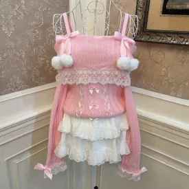 Sweetheart Princess Pompom Balls Pink Off Shoulder Sweater & White Ruffled Skirt Two Piece Set