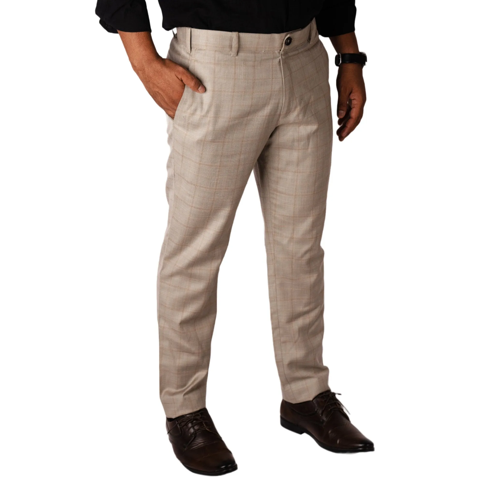 Tan color check blend cotton trousers pant for men