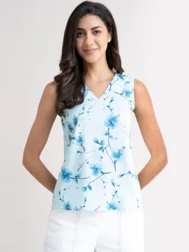 V Neck Floral Top - Blue