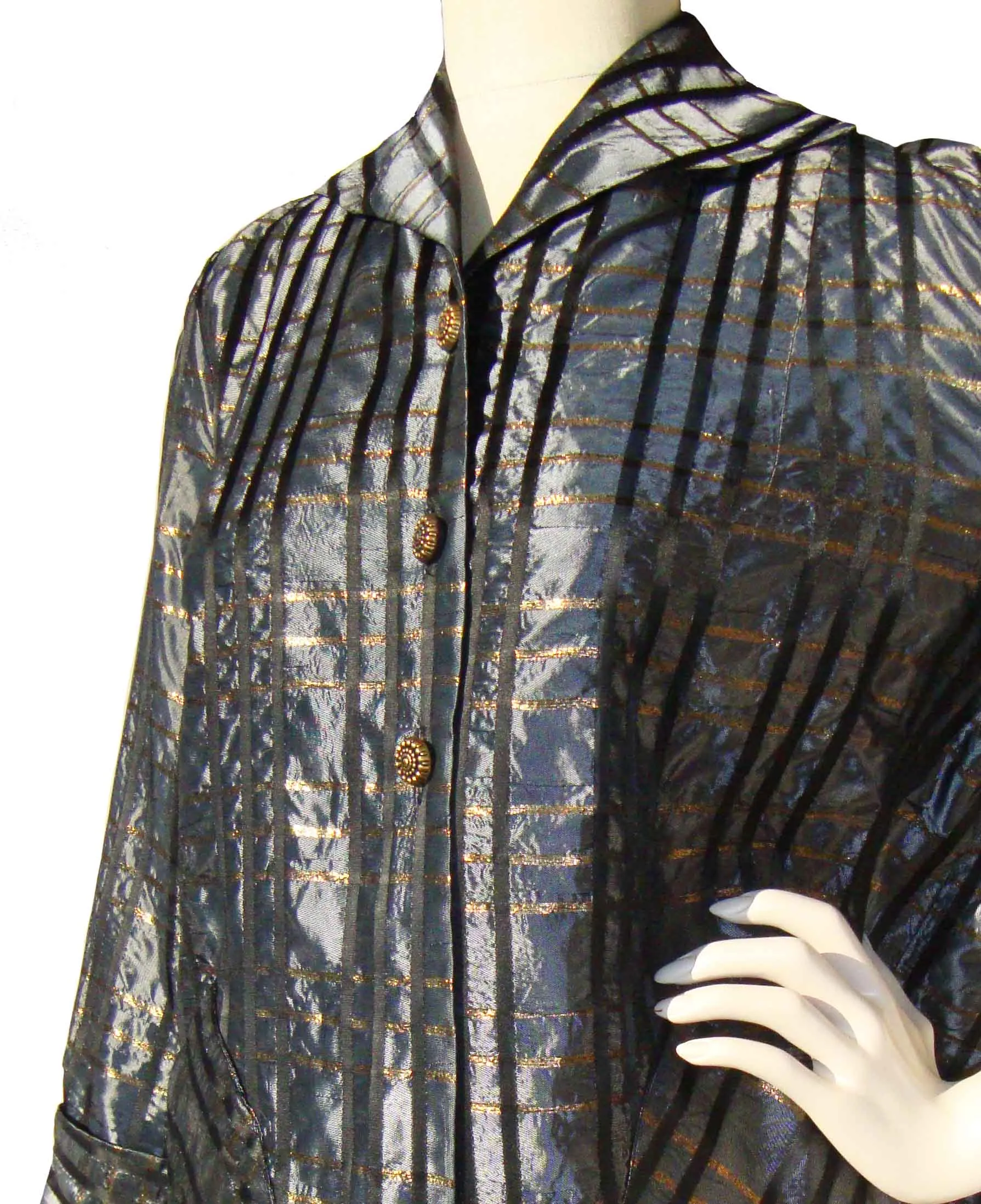 Vintage 50s Topper Jacket Gunmetal Taffeta & Gold Plaid M