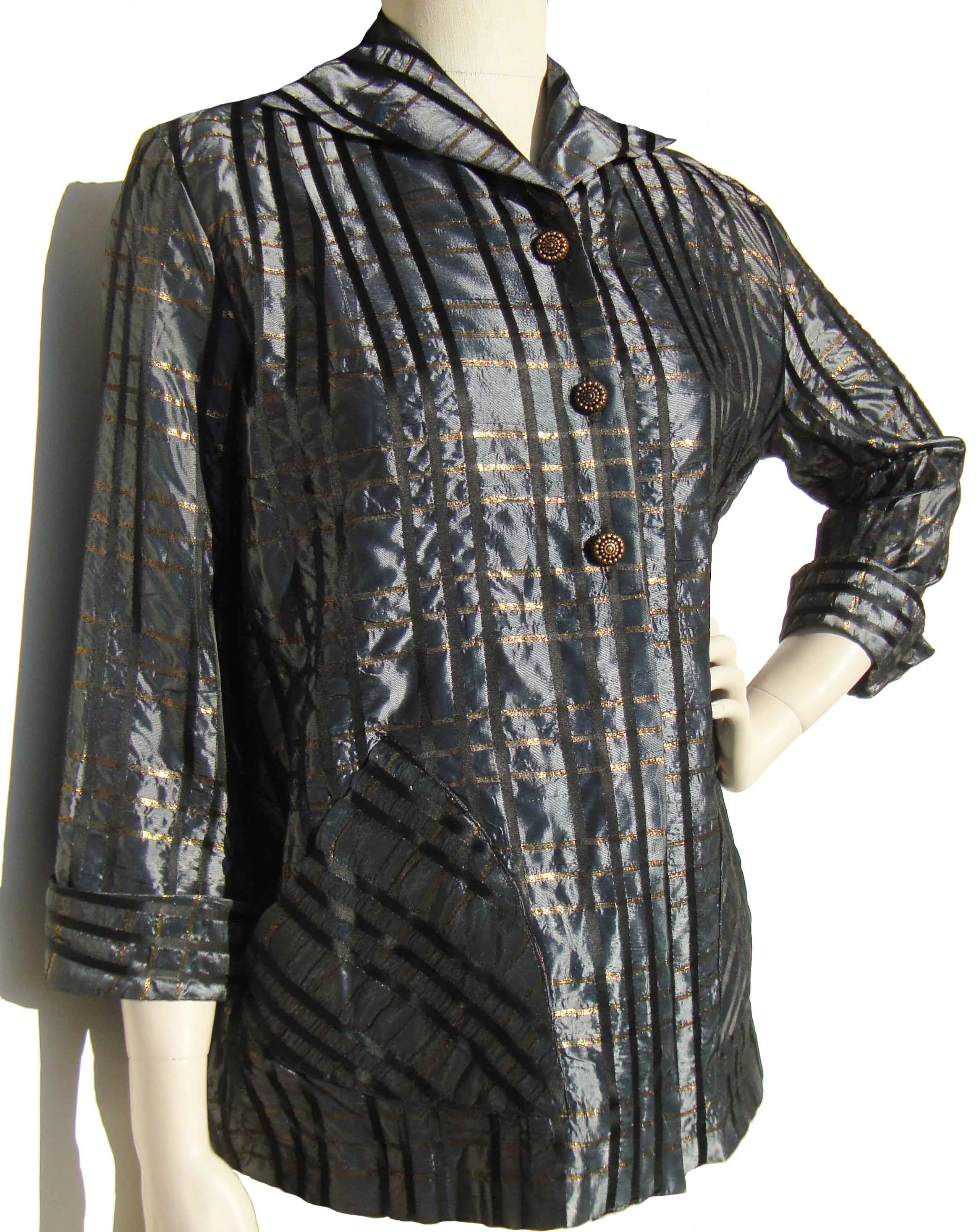 Vintage 50s Topper Jacket Gunmetal Taffeta & Gold Plaid M