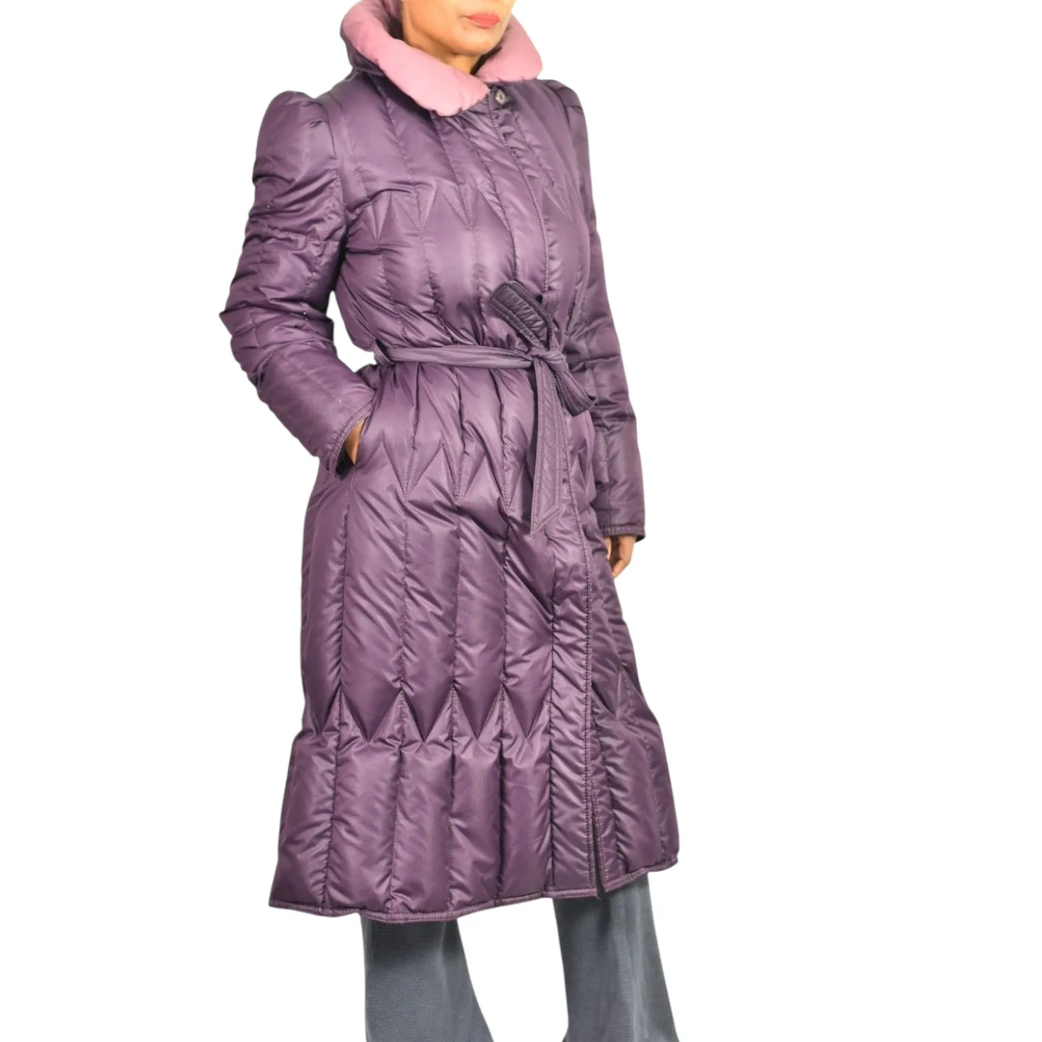 Vintage Quilted Puffer Coat Purple Duck Goose Down Long JayWear Originals Midi 80s Puff Sleeves Belted Winter Small