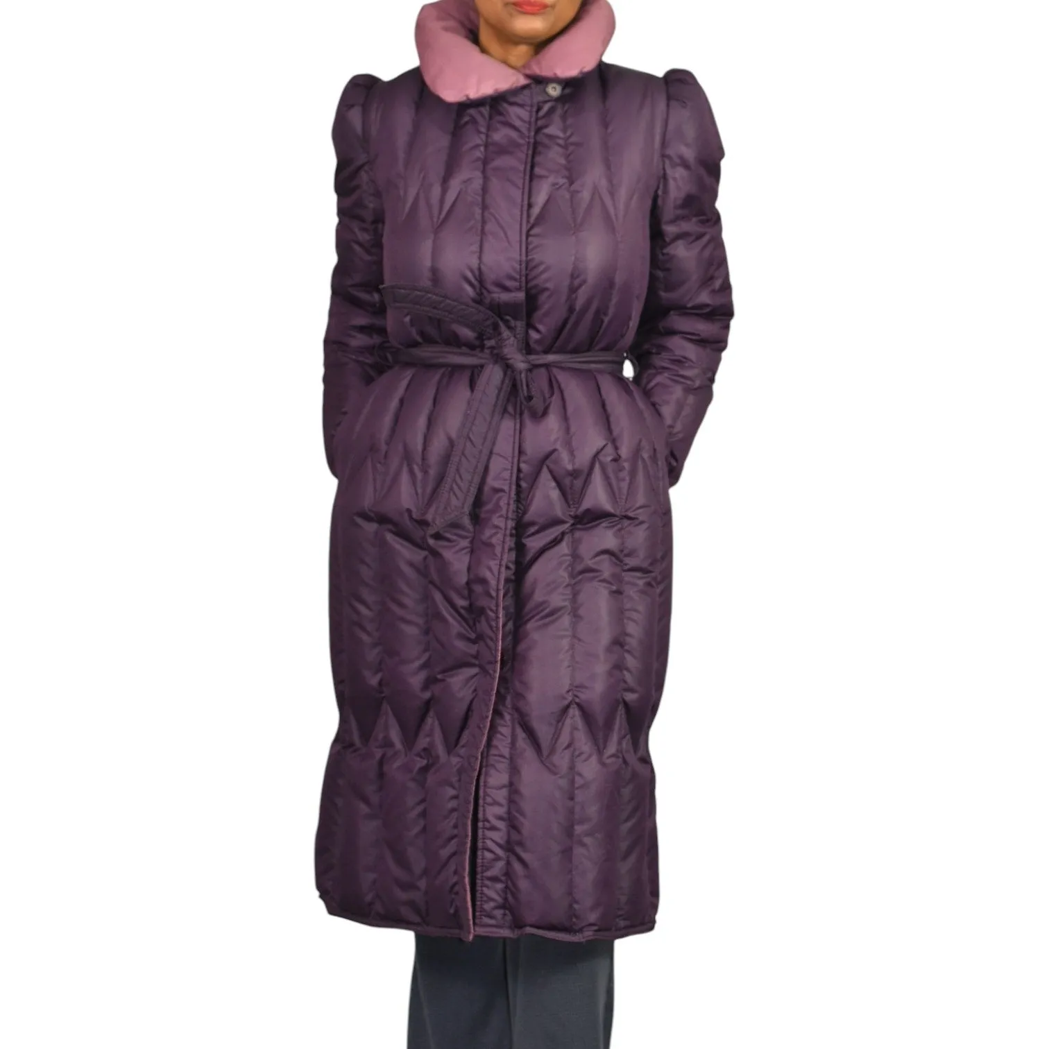 Vintage Quilted Puffer Coat Purple Duck Goose Down Long JayWear Originals Midi 80s Puff Sleeves Belted Winter Small