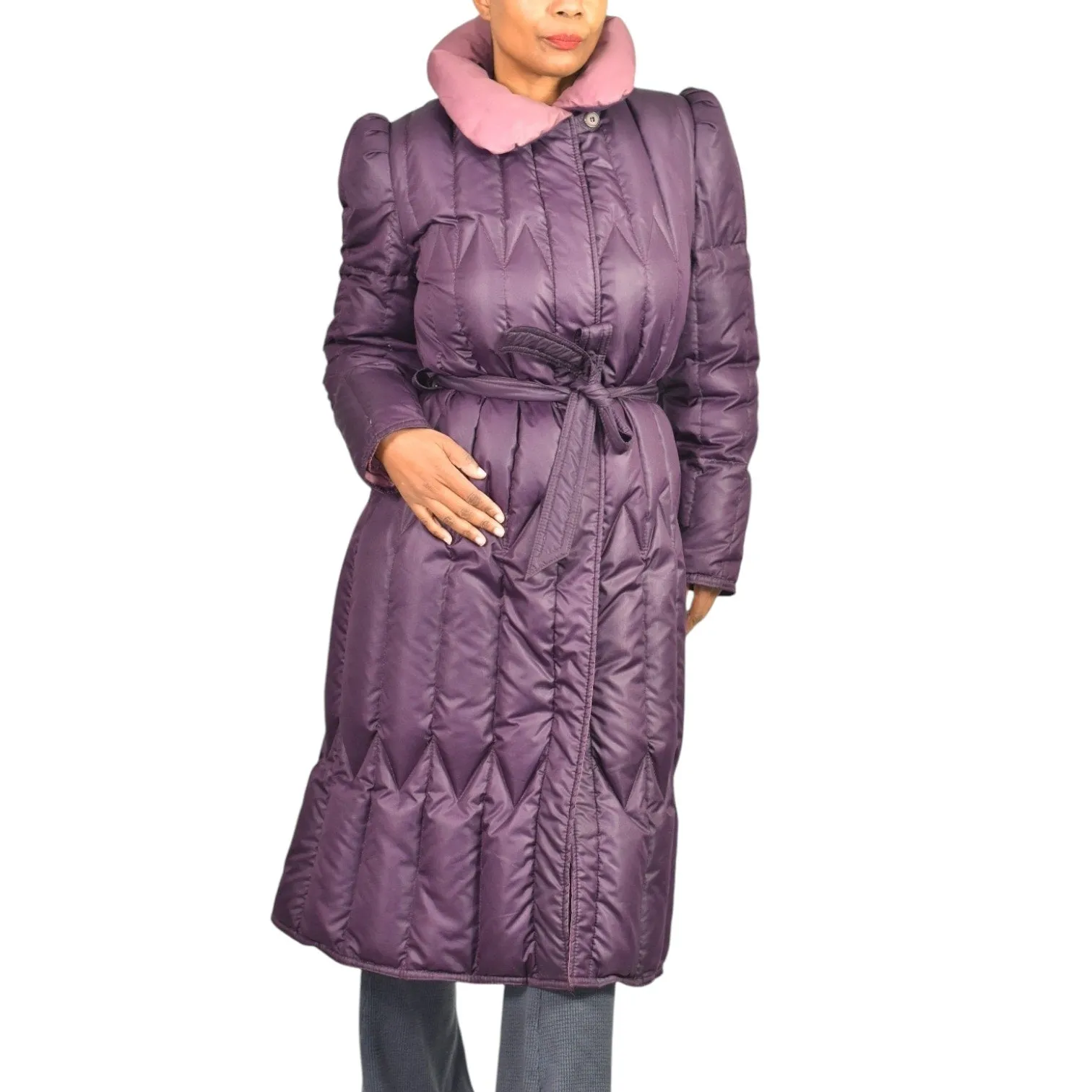 Vintage Quilted Puffer Coat Purple Duck Goose Down Long JayWear Originals Midi 80s Puff Sleeves Belted Winter Small