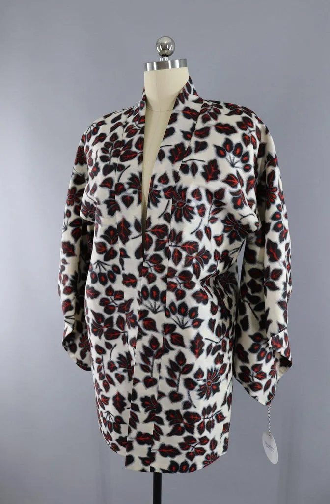 Vintage Silk Kimono Cardigan / White and Black Leaves