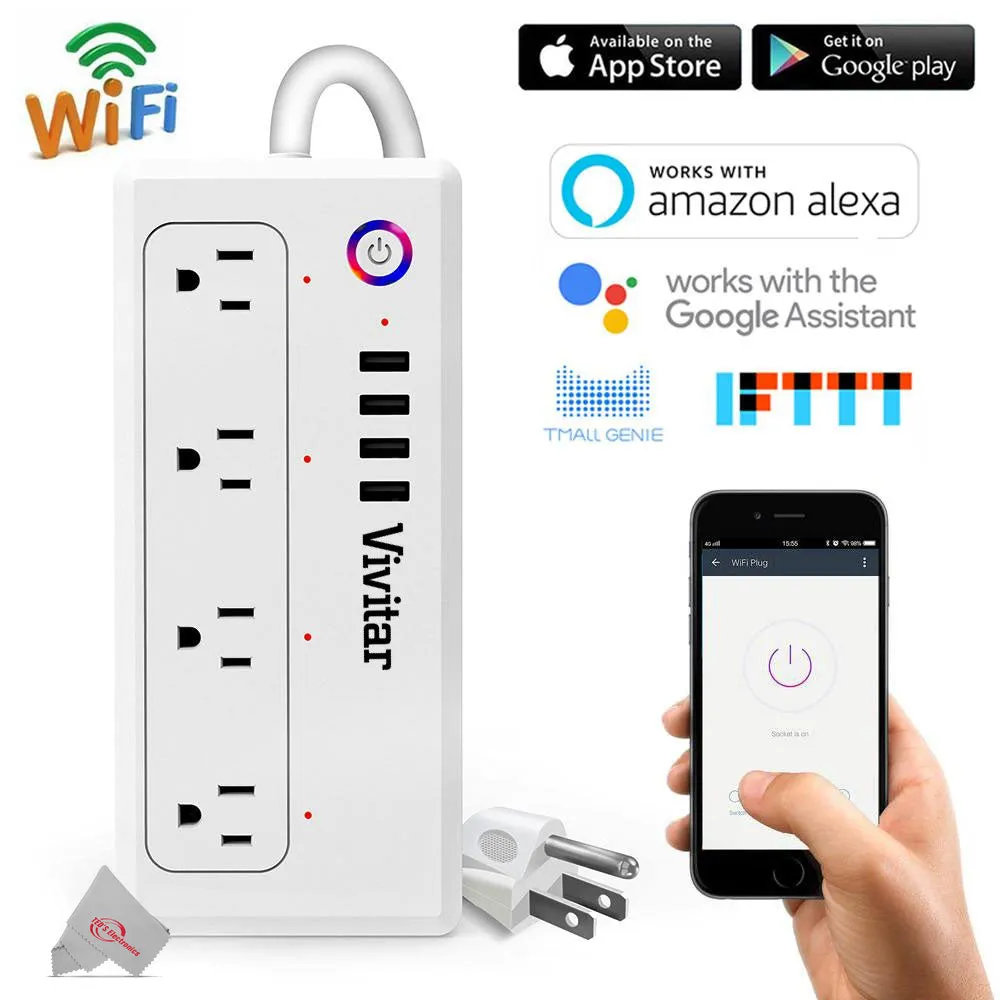 Vivitar Smart Home Smart Plug Power Strip 4 Wi-Fi Outlets   4 USB Ports Compatible with Alexa and Google Home - No Hub Required