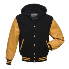 Warrior Gears Classic Hybrid Varsity Jacket for Kids, Toddler Letterman Bomber Jacket for Boys, Unisex Varsity   Jacket Girls, Black Wool Body & Brown Cowhide Leather Sleeves with Hood