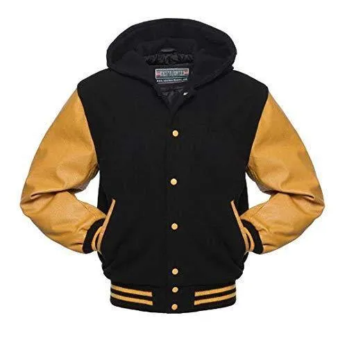 Warrior Gears Classic Hybrid Varsity Jacket for Kids, Toddler Letterman Bomber Jacket for Boys, Unisex Varsity   Jacket Girls, Black Wool Body & Brown Cowhide Leather Sleeves with Hood