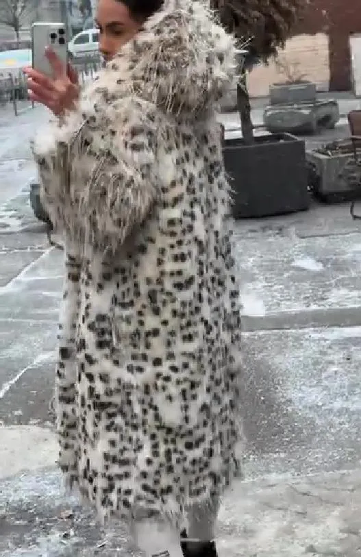 White Leopard Print Fur Coat