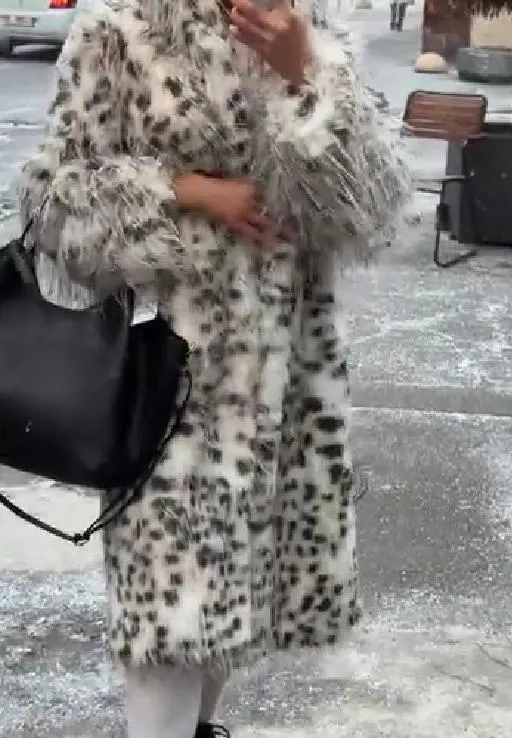 White Leopard Print Fur Coat