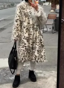 White Leopard Print Fur Coat