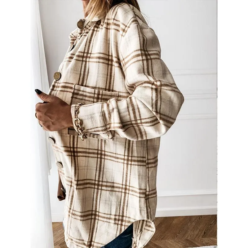 Women fashion loose turn-down collar fall plaid coat