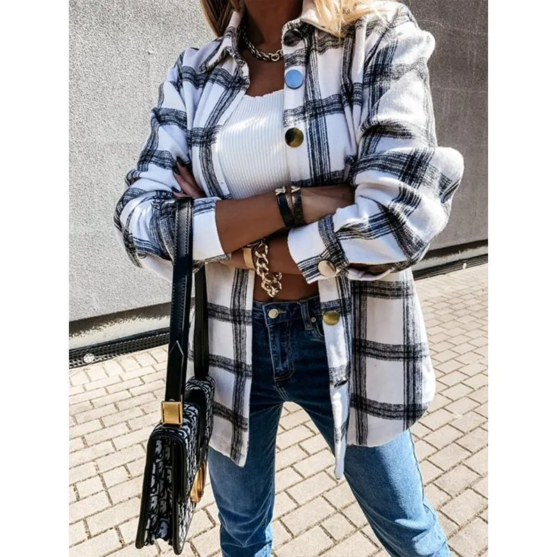 Women fashion loose turn-down collar fall plaid coat