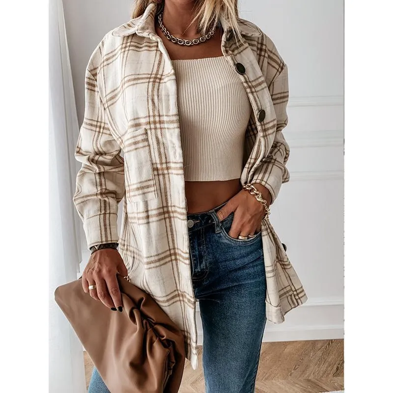 Women fashion loose turn-down collar fall plaid coat