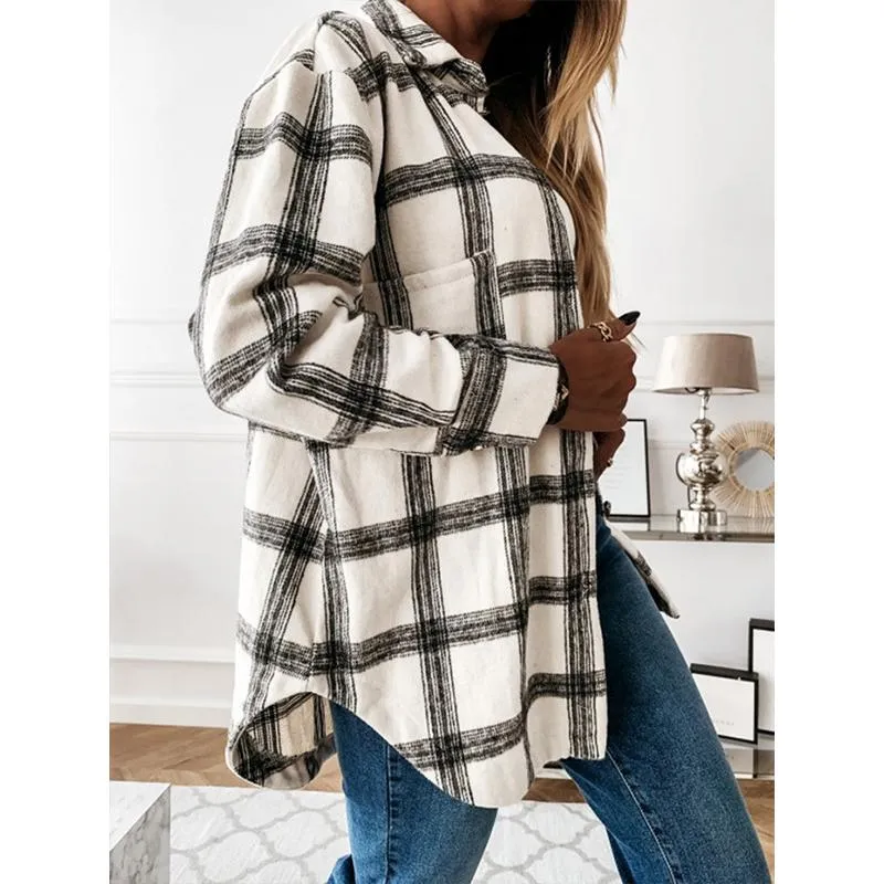 Women fashion loose turn-down collar fall plaid coat