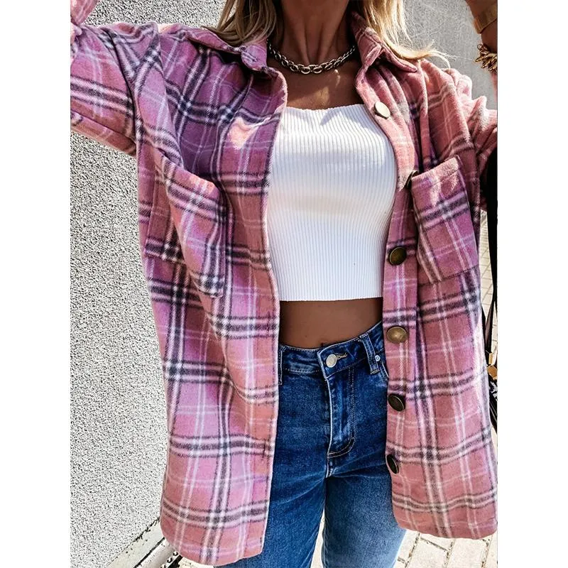 Women fashion loose turn-down collar fall plaid coat