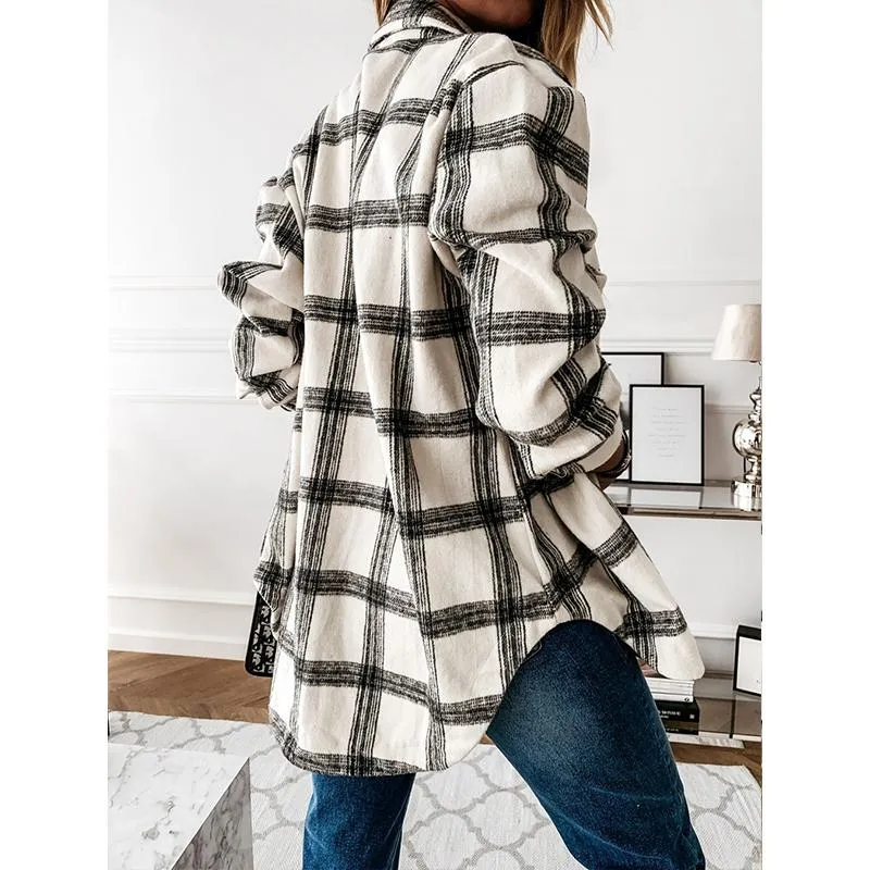 Women fashion loose turn-down collar fall plaid coat