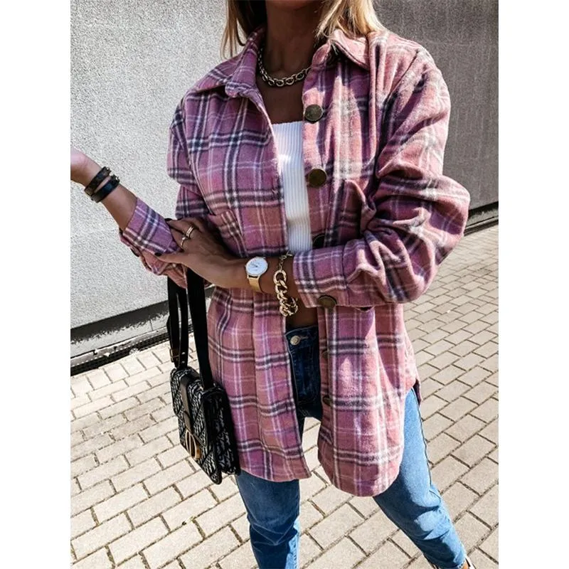 Women fashion loose turn-down collar fall plaid coat