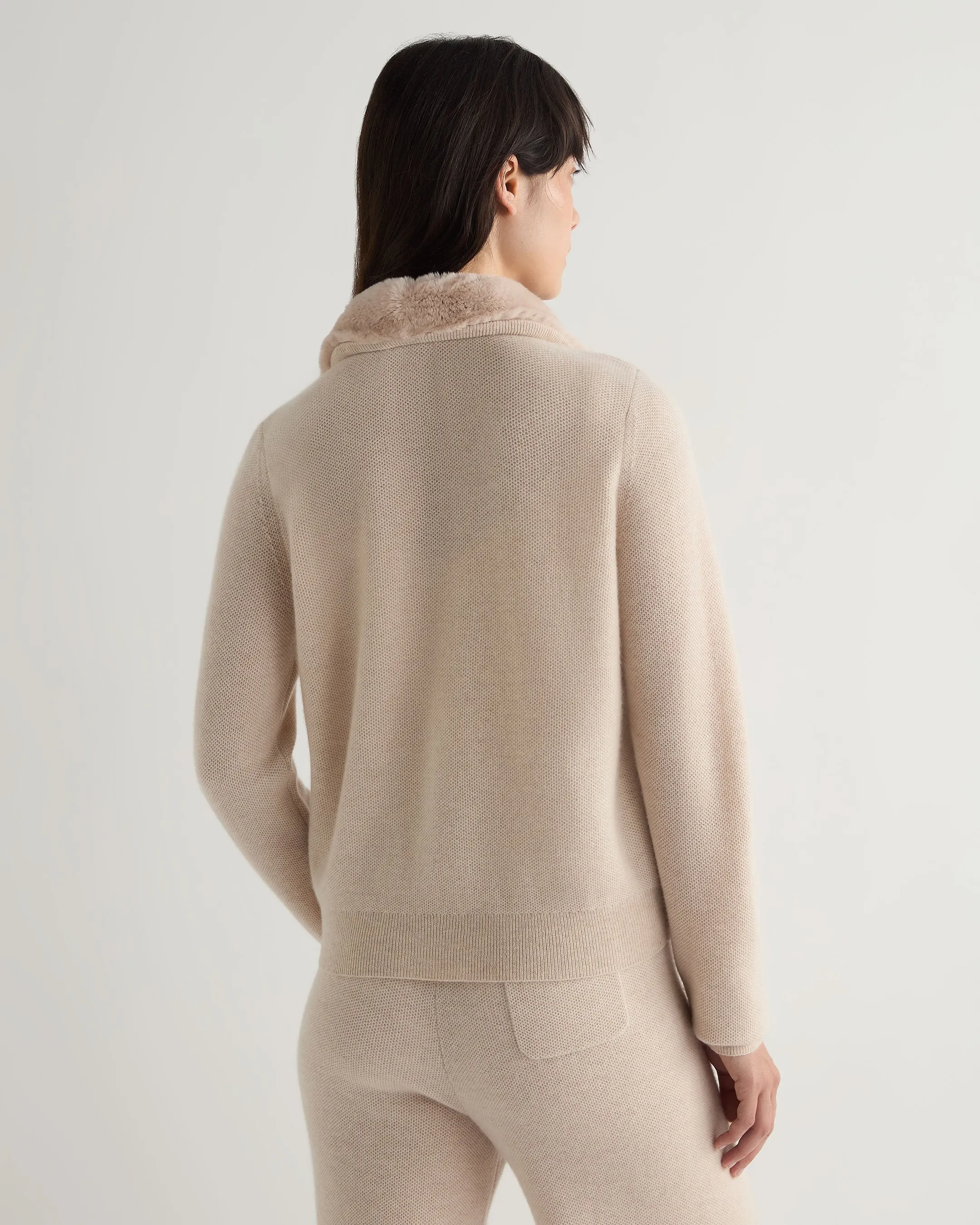 Women's Honeycomb Full Zip Cashmere Jumper With Fur Trim Ecru White