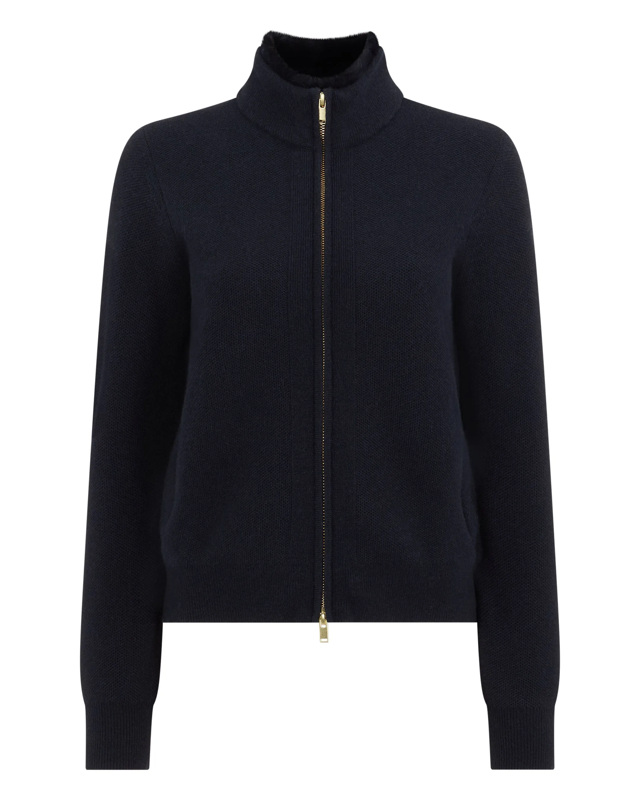 Women's Honeycomb Full Zip Cashmere Jumper With Fur Trim Navy Blue