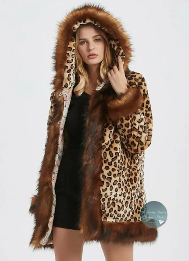 Women's Leopard Print Hooded Faux Fur Collar Jacket