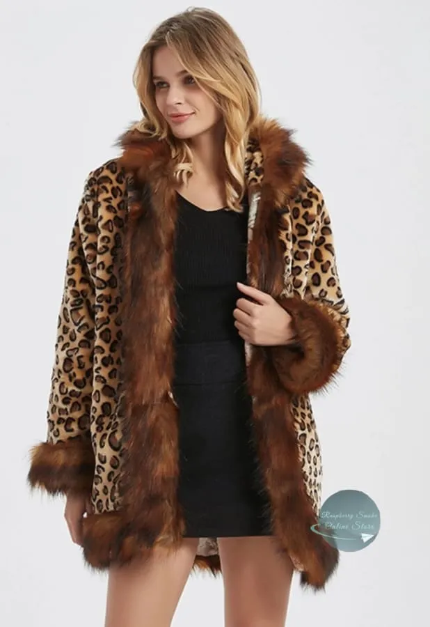 Women's Leopard Print Hooded Faux Fur Collar Jacket