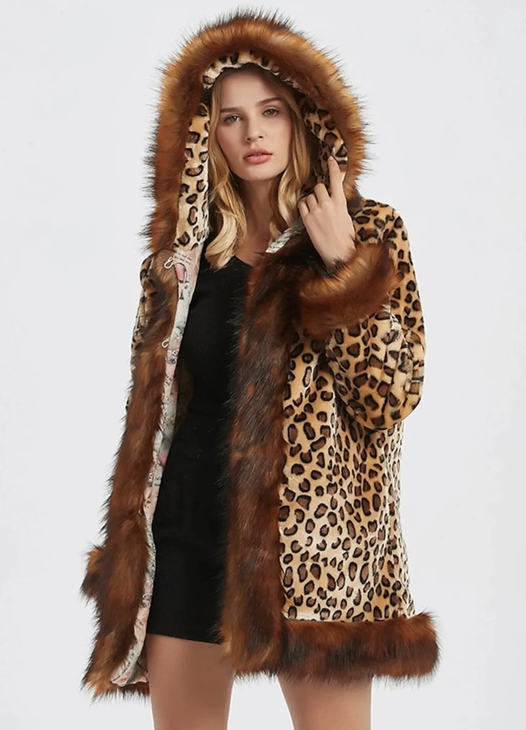 Womens Leopard Print Hooded Faux Fur Collar Jacket