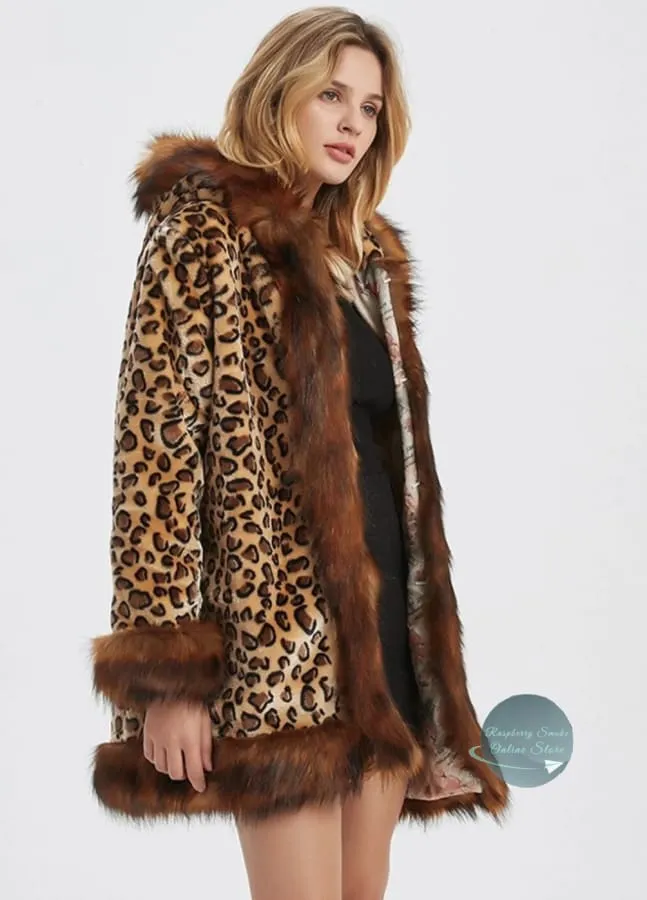 Women's Leopard Print Hooded Faux Fur Collar Jacket