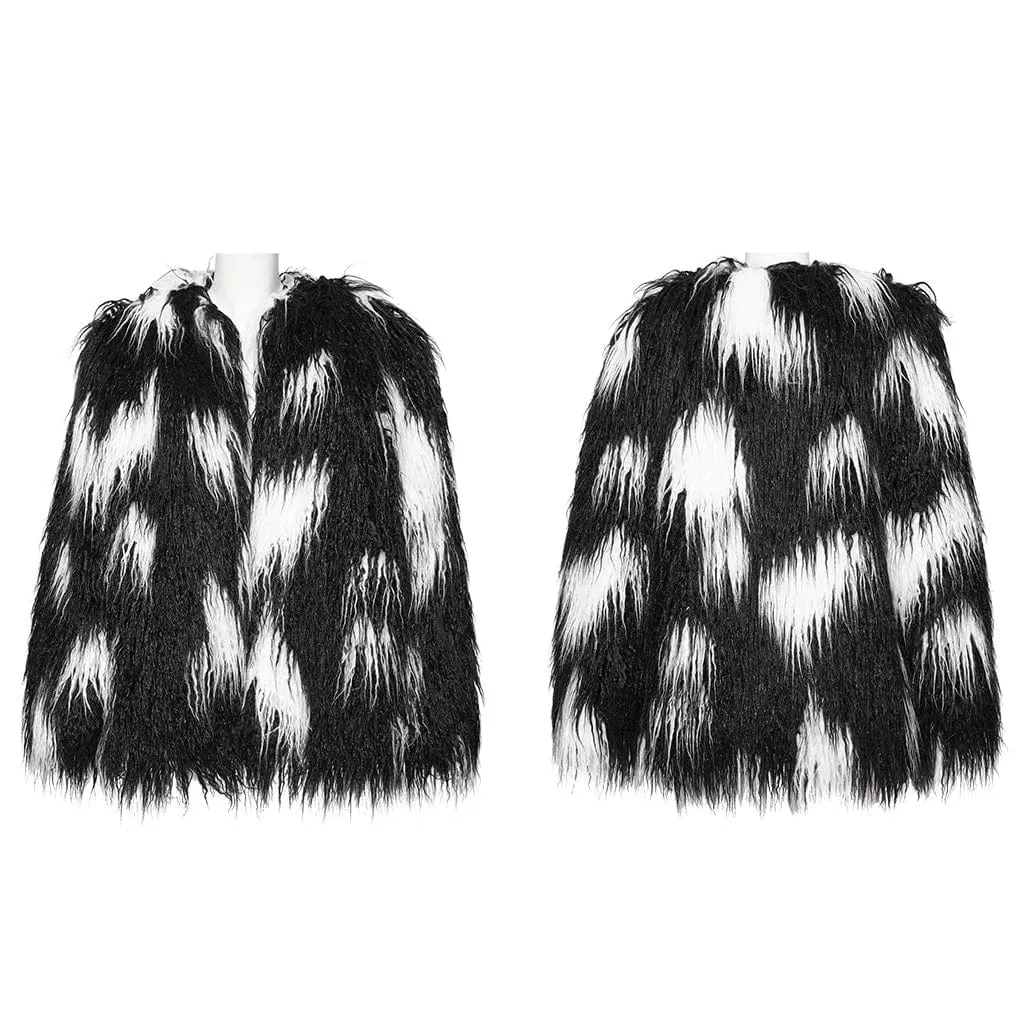 Women's Punk Contrast Color Faux Fur Coat Black-white