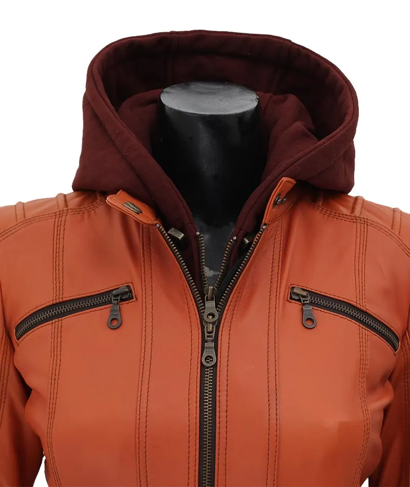 Women's Removable Hooded Leather Jacket