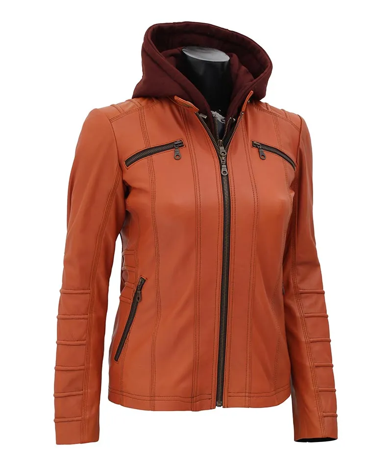 Women's Removable Hooded Leather Jacket