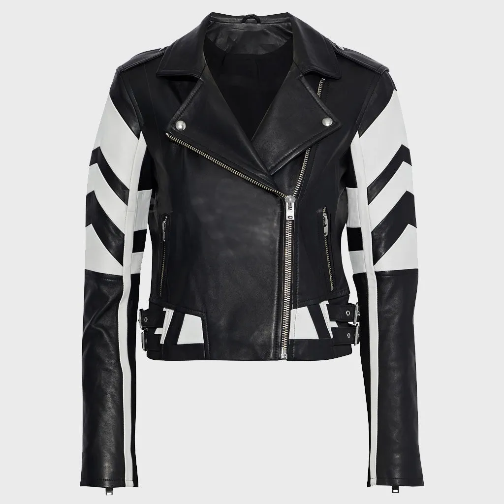 Women's Striped Leather Motorcycle Jacket